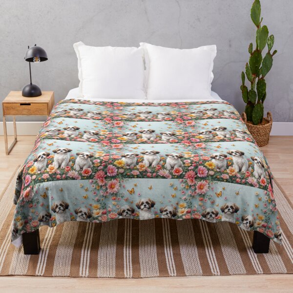 Item preview, A whimsical 3D pattern background featuring Shih Tzus in a flower garden,surrounded by colorful blooms and butterflies,perfect for spring-themed pet merchandise. designed and sold by AlwaysHome.