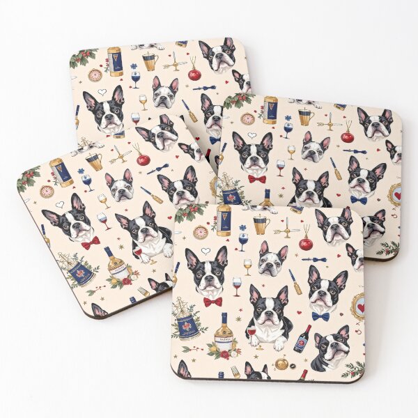 Item preview, A charming 3D pattern background showcasing Boston Terriers in bow ties at a fancy dinner party,surrounded by elegant decorations,ideal for upscale pet-themed designs. designed and sold by AlwaysHome.