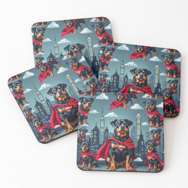 Item preview, A vibrant 3D pattern background showcasing Rottweilers in superhero capes,set against an urban skyline,ideal for adventurous pet-themed products. designed and sold by AlwaysHome.