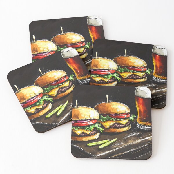 Item preview, Two Juicy Burgers with Lettuce, Tomato, and Cheese and Frothy Beer Classic Pub Food designed and sold by OlfactoART Studio.