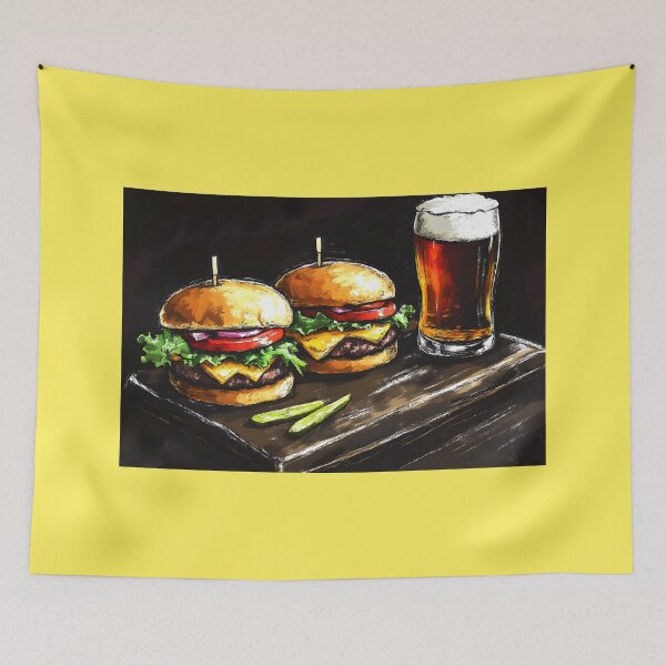 Item preview, Two Juicy Burgers with Lettuce, Tomato, and Cheese and Frothy Beer Classic Pub Food designed and sold by OlfactoART Studio.