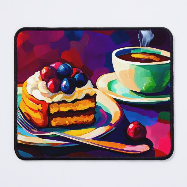 Item preview, Vibrant Slice of Cake Adorned with Fresh Berries and a Coffee Cup Abstract Art designed and sold by OlfactoART Studio.