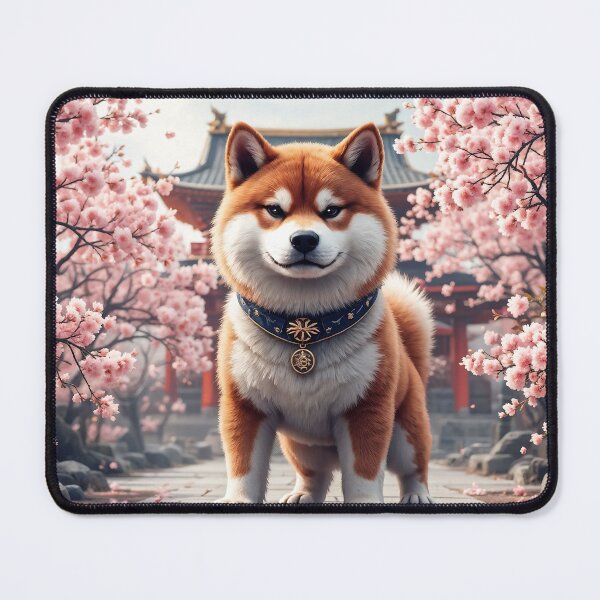 Item preview, A majestic 3D pattern background featuring Shiba Inus as ancient Japanese guardians,standing in front of a traditional temple surrounded by cherry blossoms. designed and sold by AlwaysHome.