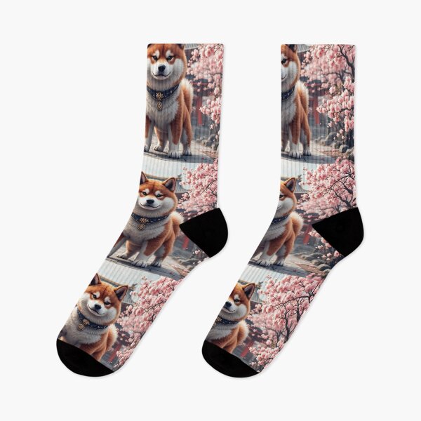 Item preview, A majestic 3D pattern background featuring Shiba Inus as ancient Japanese guardians,standing in front of a traditional temple surrounded by cherry blossoms. designed and sold by AlwaysHome.