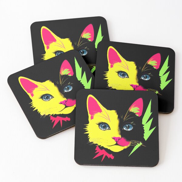 Item preview, Striking silhouette of a cat's head with piercing blue eyes. The minimalist black design is accented by yellow, green and pink hihglights creating a bold and mysterious aesthetic. designed and sold by apparelnice.