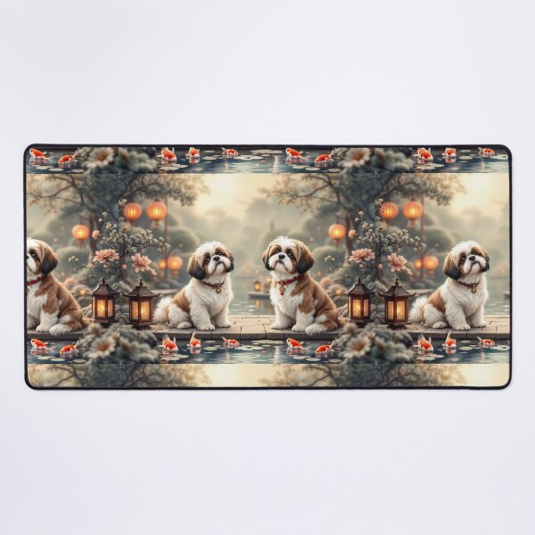 Artikelvorschau, Ein ruhiger 3D-Musterhintergrund mit Shih Tzus als alten chinesischen Begleitern, die anmutig in einem ruhigen Garten mit Laternen und Koiteichen sitzen, ideal für beruhigende Designs mit Haustiermotiven. entworfen und verkauft von AlwaysHome.