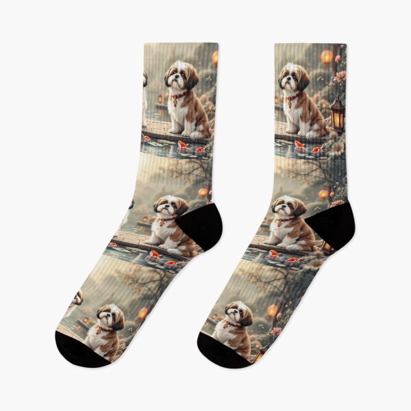 Item preview, A serene 3D pattern background featuring Shih Tzus as ancient Chinese companions,sitting gracefully in a tranquil garden with lanterns and koi ponds,ideal for calming pet-themed designs. designed and sold by AlwaysHome.