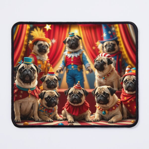 Item preview, A whimsical 3D pattern background showcasing Pugs as circus performers,dressed in colorful costumes and entertaining an audience under a big top,perfect for playful pet-themed products. designed and sold by AlwaysHome.