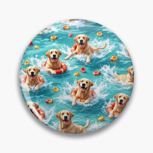 Item preview, A vibrant 3D pattern background showcasing Labrador Retrievers as water rescue dogs,bravely swimming in the ocean with lifebuoys and beachgoers,perfect for summer-themed pet products. designed and sold by AlwaysHome.