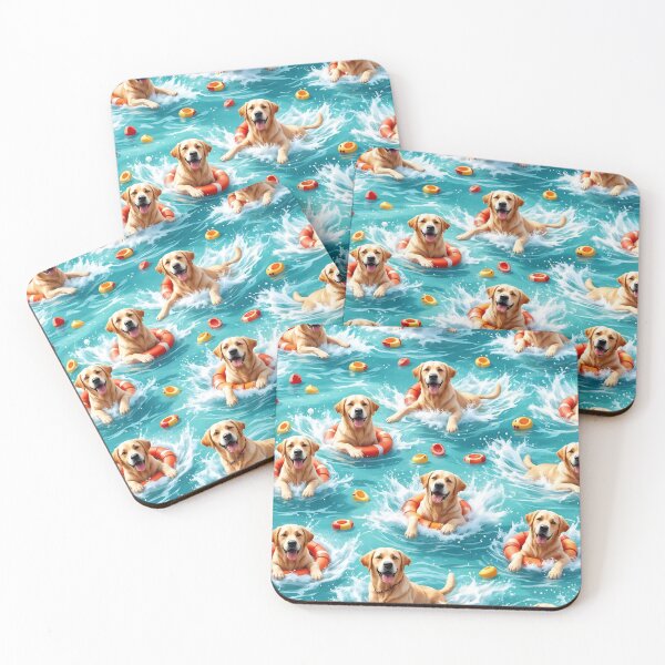 Item preview, A vibrant 3D pattern background showcasing Labrador Retrievers as water rescue dogs,bravely swimming in the ocean with lifebuoys and beachgoers,perfect for summer-themed pet products. designed and sold by AlwaysHome.