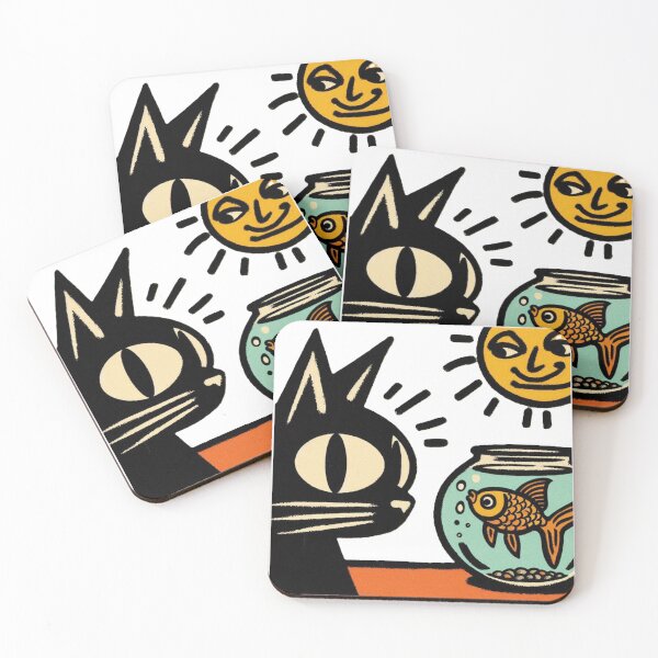 Item preview, black cat aiming for goldfish designed and sold by taratyanprint.