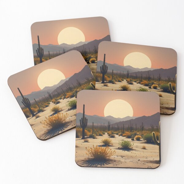 Item preview, Simplistic desert scene with cacti and a vibrant orange sun, minimal design. designed and sold by johndesignwaves.