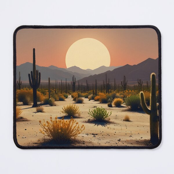 Item preview, Simplistic desert scene with cacti and a vibrant orange sun, minimal design. designed and sold by johndesignwaves.