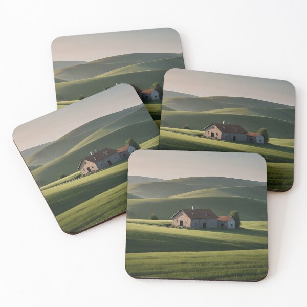 Item preview, Rolling hills with a small farmhouse, minimalist, earthy green tones designed and sold by johndesignwaves.