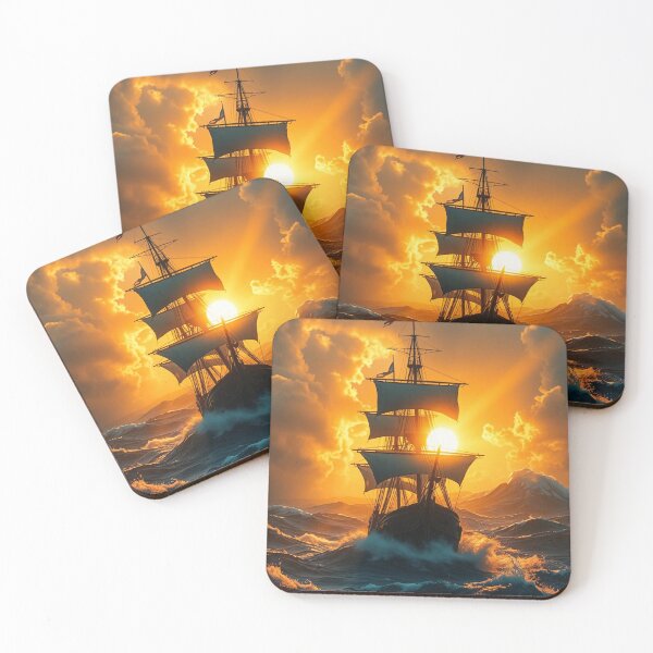 Item preview, Golden Hour Pirate Ship Amidst Stormy Waves designed and sold by AHMEDMAMADO.