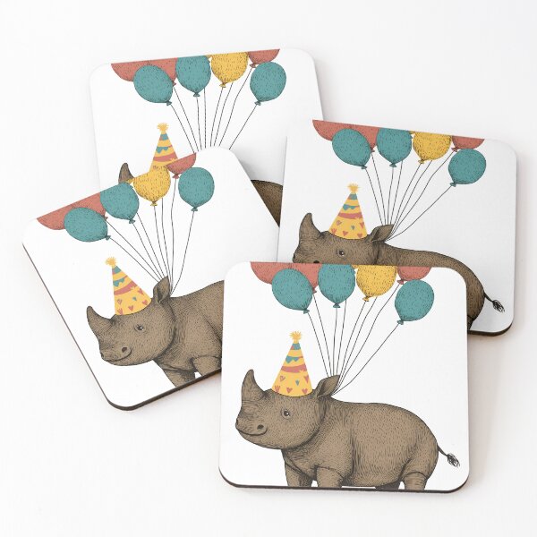 Item preview, Party Rhino with Balloons and Festive Hat designed and sold by TringTringCards.