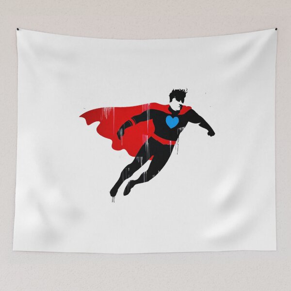 Item preview, Blue Heart Superhero - Urban Street Art Design with Red Cape designed and sold by ObjCrea123.