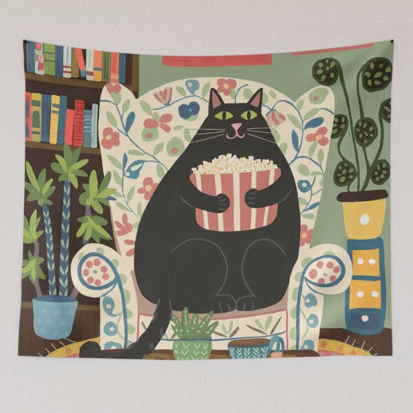 Item preview, A cute, chubby black kitten is chilling in an armchair with a large bowl of popcorn. designed and sold by SaraSumi.