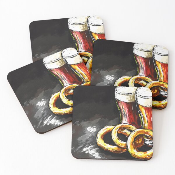 Item preview, Bar Snacks: Two Frothy Mugs of Beer with Golden-Brown Onion Rings Pub Food Snack Delight designed and sold by OlfactoART Studio.