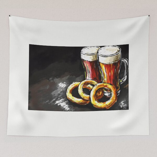 Item preview, Bar Snacks: Two Frothy Mugs of Beer with Golden-Brown Onion Rings Pub Food Snack Delight designed and sold by OlfactoART Studio.