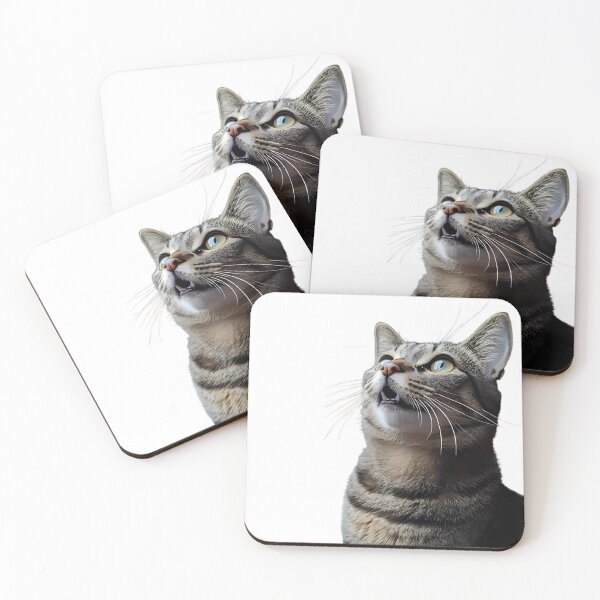Item preview, Copy of a close-up of a greycat with soft, fluffy fur and large, expressive green eyes looking upward with curiosity and wonder designed and sold by TJprint.