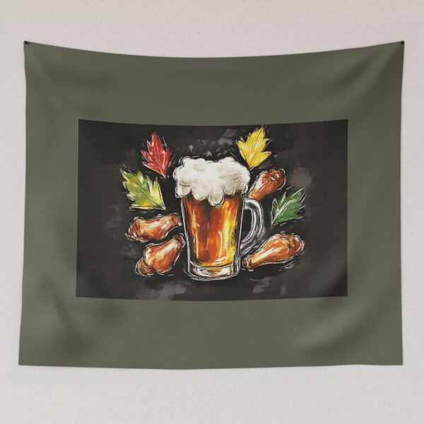 Item preview, Frothy Mug of Beer with Crispy Chicken Drumsticks and Autumn Leaves Tasty Pub Food designed and sold by OlfactoART Studio.