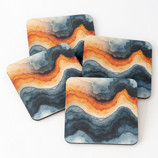 Item preview, Wave orange navy marbled abstract, alcool ink, patterns that mimic the fluidity of water or the veining found in natural stone like marble or agate designed and sold by Collagedream.