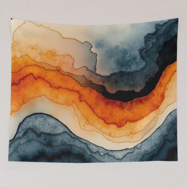 Item preview, Wave orange navy marbled abstract, alcool ink, patterns that mimic the fluidity of water or the veining found in natural stone like marble or agate designed and sold by Collagedream.