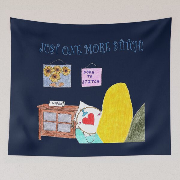 Item preview, Just One More Stitch! (Blonde with Dark Blue background) designed and sold by DeeDeee1970.