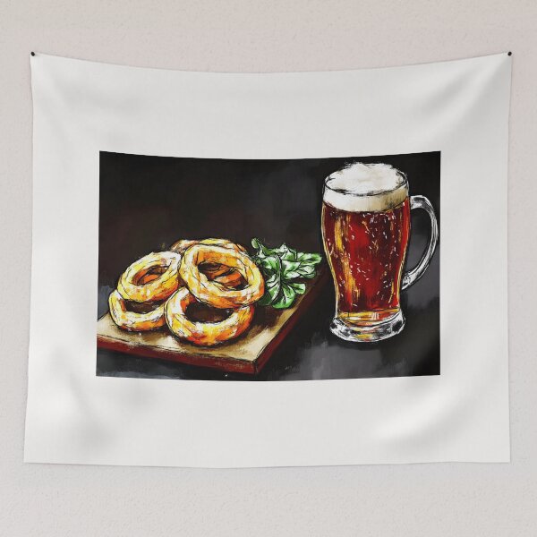 Item preview, Frothy Pint of Beer with Golden Onion Rings and Green Herb Garnish Beer Snacks Delight designed and sold by OlfactoART Studio.