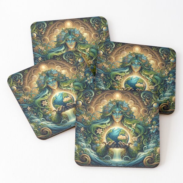 Item preview, Waterfall Mother Earth Gaia Art Vibrant Nature Goddess with Flowers and Planet Earth - Eco-Inspired Boho Design for Wall Décor designed and sold by AnalajiaDesigns.
