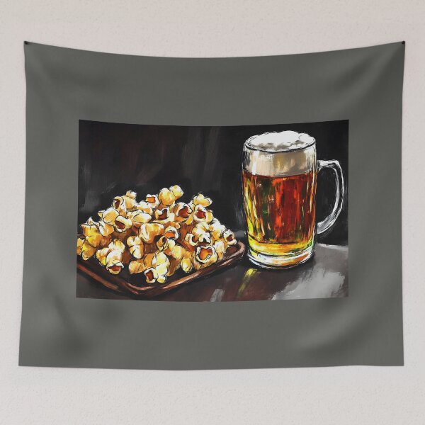 Item preview, Frothy Amber Beer and Generous Pile of Popcorn Pub Snacks Delight Abstract Digital Art designed and sold by OlfactoART Studio.
