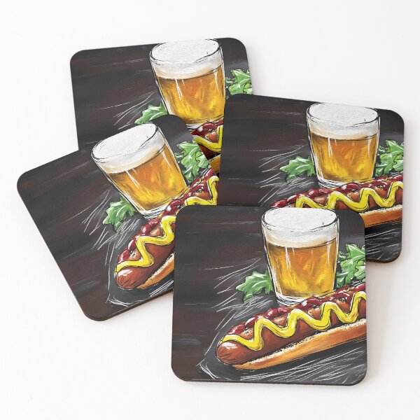 Item preview, Delicious Hot Dog with Mustard and Ketchup and Frothy Beer Pub Food Delight Digital AI Art designed and sold by OlfactoART Studio.