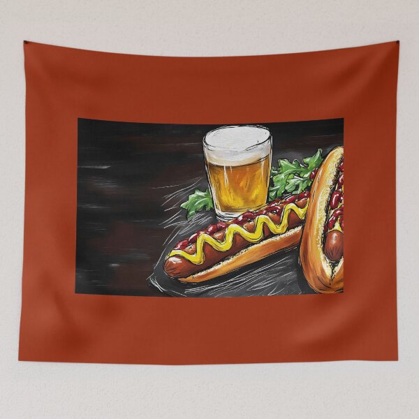 Item preview, Delicious Hot Dog with Mustard and Ketchup and Frothy Beer Pub Food Delight Digital AI Art designed and sold by OlfactoART Studio.