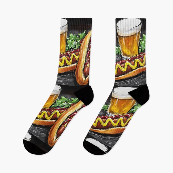 Item preview, Delicious Hot Dog with Mustard and Ketchup and Frothy Beer Pub Food Delight Digital AI Art designed and sold by OlfactoART Studio.