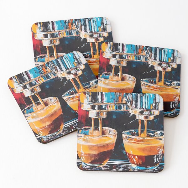 Item preview, Espresso Machine Pouring Coffee into Glass Cups Vibrant Colors and Rich Contrast Abstract AI Digital Art designed and sold by OlfactoART Studio.