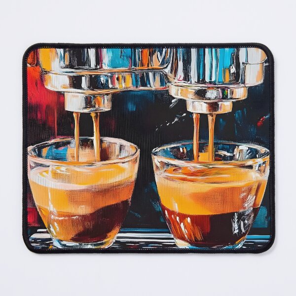 Item preview, Espresso Machine Pouring Coffee into Glass Cups Vibrant Colors and Rich Contrast Abstract AI Digital Art designed and sold by OlfactoART Studio.