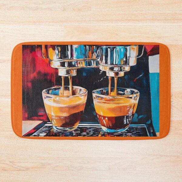 Item preview, Espresso Machine Pouring Coffee into Glass Cups Vibrant Colors and Rich Contrast Abstract AI Digital Art designed and sold by OlfactoART Studio.