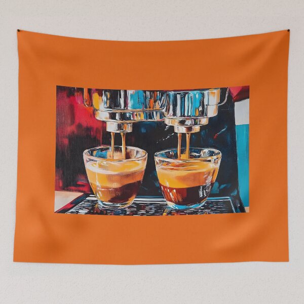 Item preview, Espresso Machine Pouring Coffee into Glass Cups Vibrant Colors and Rich Contrast Abstract AI Digital Art designed and sold by OlfactoART Studio.