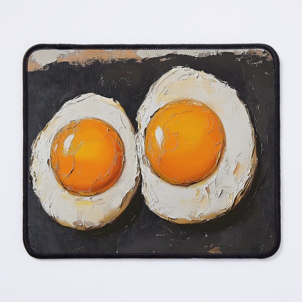 Artikelvorschau, Spiegeleier mit leuchtend orangefarbenem Eigelb, kräftigen Farben und strukturiertem Hintergrund, AI Art entworfen und verkauft von OlfactoART Studio.