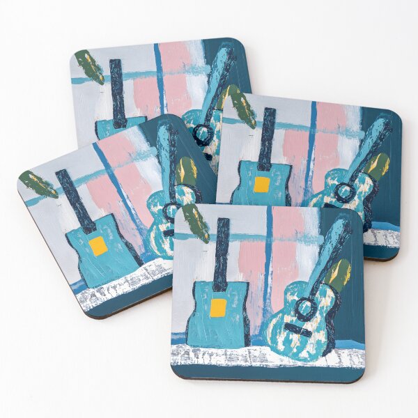 Item preview, Stylized Blue Guitars in Front of a Pink and White Pane Window Musical Harmony with Natural Touches designed and sold by OlfactoART Studio.