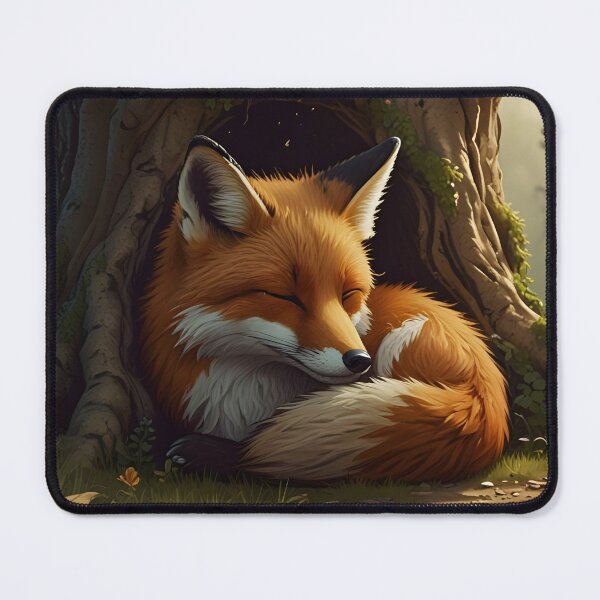 Item preview, A sleepy fox curled up under a tree, cozy cartoon style, earthy tones designed and sold by johndesignwaves.
