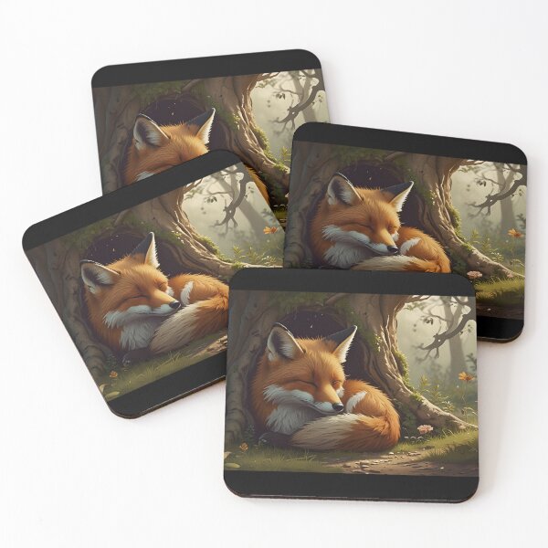 Item preview, A sleepy fox curled up under a tree, cozy cartoon style, earthy tones designed and sold by johndesignwaves.