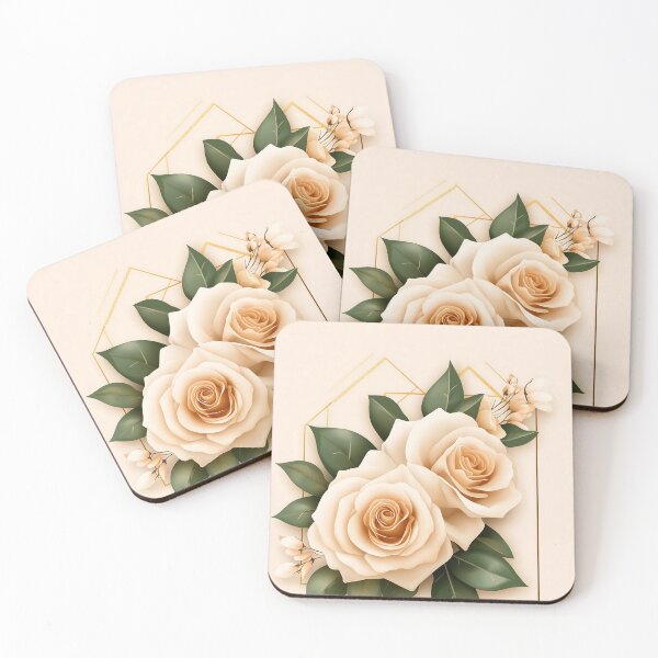 Item preview, Cream Roses with Golden Geometric Frame on Beige Background designed and sold by GoldenTealArts.