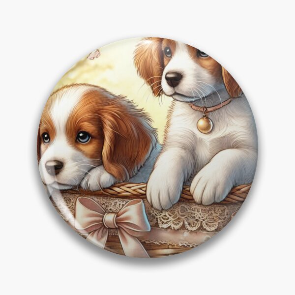 Item preview, Sweet cute Brittany dog puppies sitting in a wicker basket designed and sold by DamioPolArt.