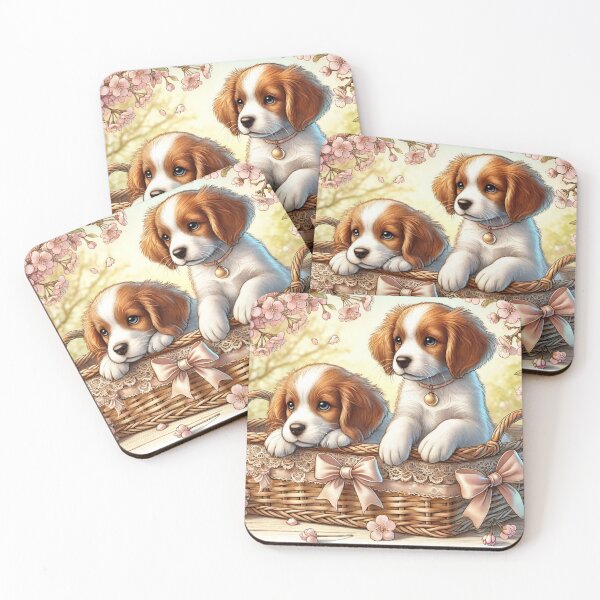 Item preview, Sweet cute Brittany dog puppies sitting in a wicker basket designed and sold by DamioPolArt.
