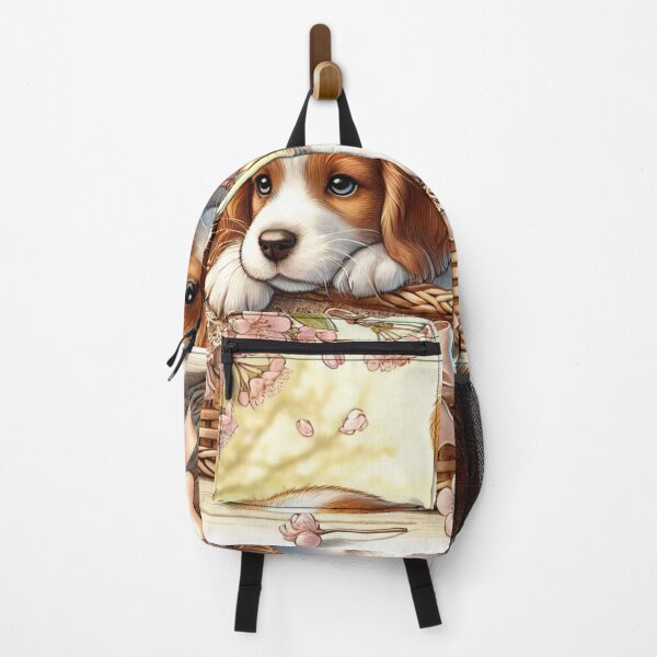 Item preview, Sweet cute Brittany dog puppies sitting in a wicker basket designed and sold by DamioPolArt.