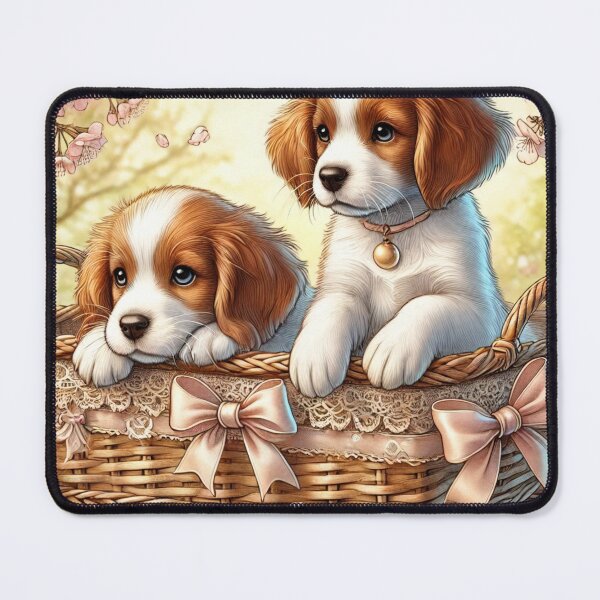 Item preview, Sweet cute Brittany dog puppies sitting in a wicker basket designed and sold by DamioPolArt.