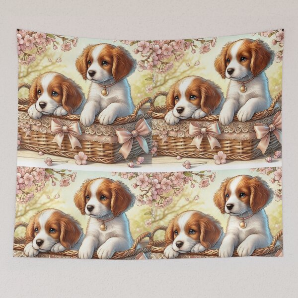 Item preview, Sweet cute Brittany dog puppies sitting in a wicker basket designed and sold by DamioPolArt.