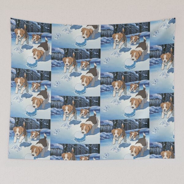 Item preview, Cute Brittany dog puppies playing in the snow designed and sold by DamioPolArt.